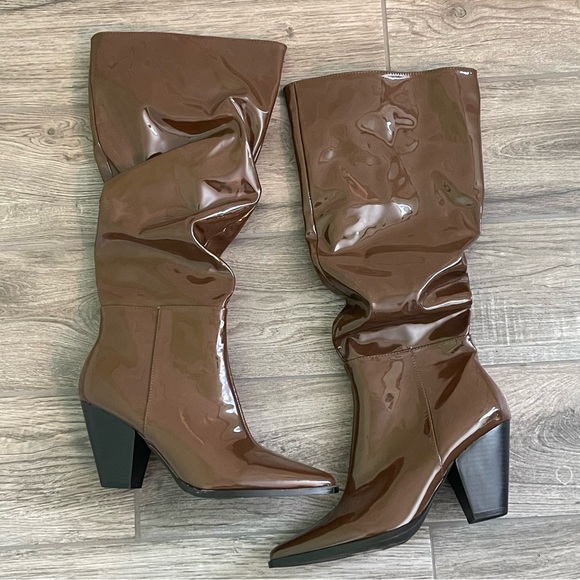Nasty Gal Faux Patent Leather Tall Brown Boots 3.5" heels women’s size 8 EUC - Picture 3 of 11